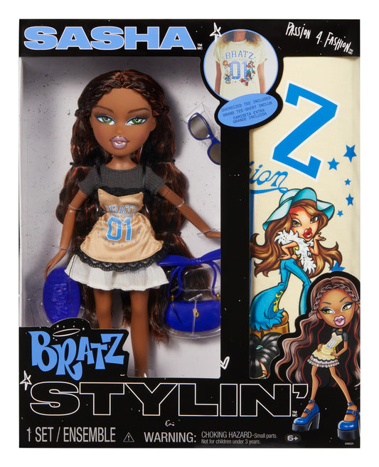 Bratz Stylin' Sasha doll front view shows complete fashion look for imaginative play.