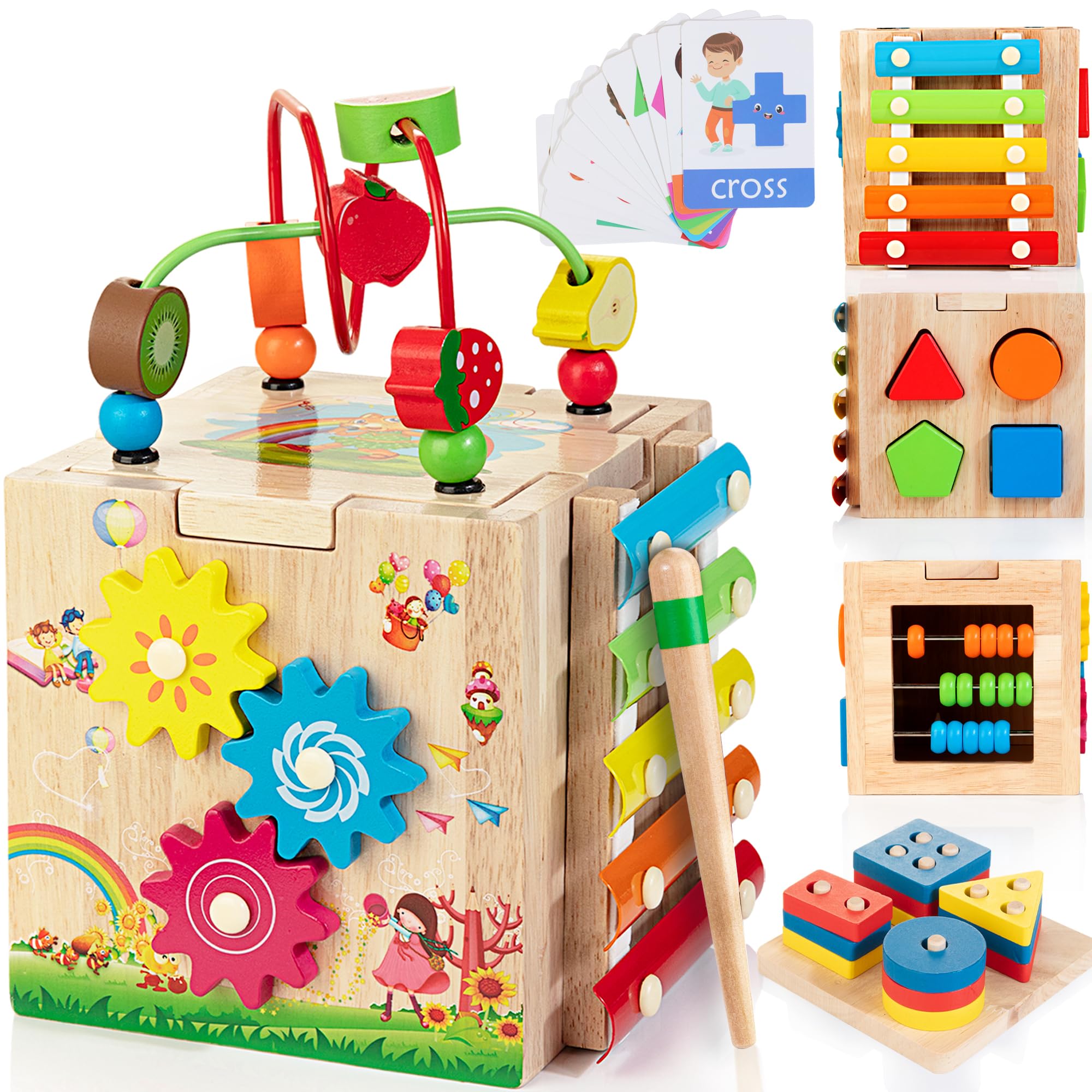 Bravmate Wooden Activity Cube bead maze enhances fine motor skills and toddler focus.