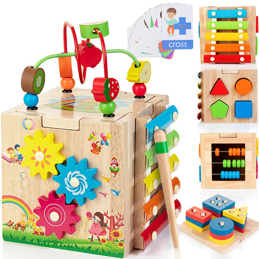 Bravmate Wooden Activity Cube bead maze enhances fine motor skills and toddler focus.