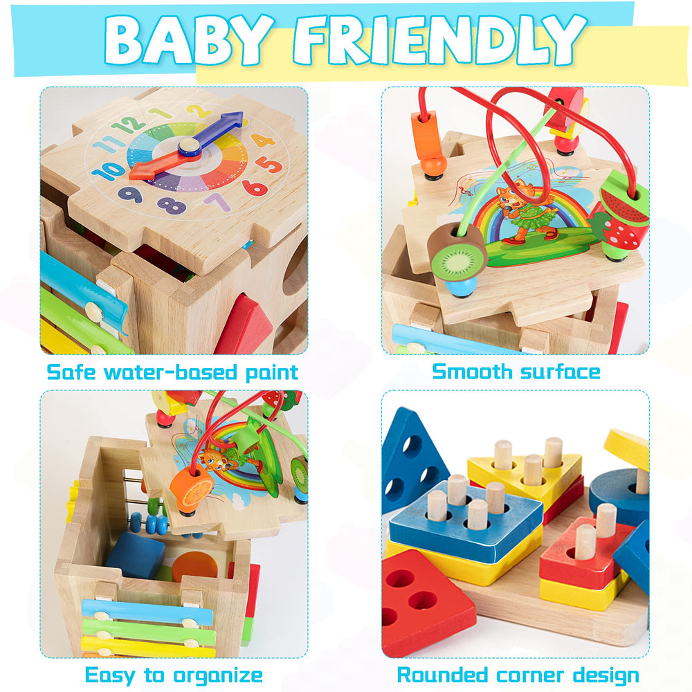 Bravmate Wooden Activity Cube learning clock introduces time concepts through interactive play.
