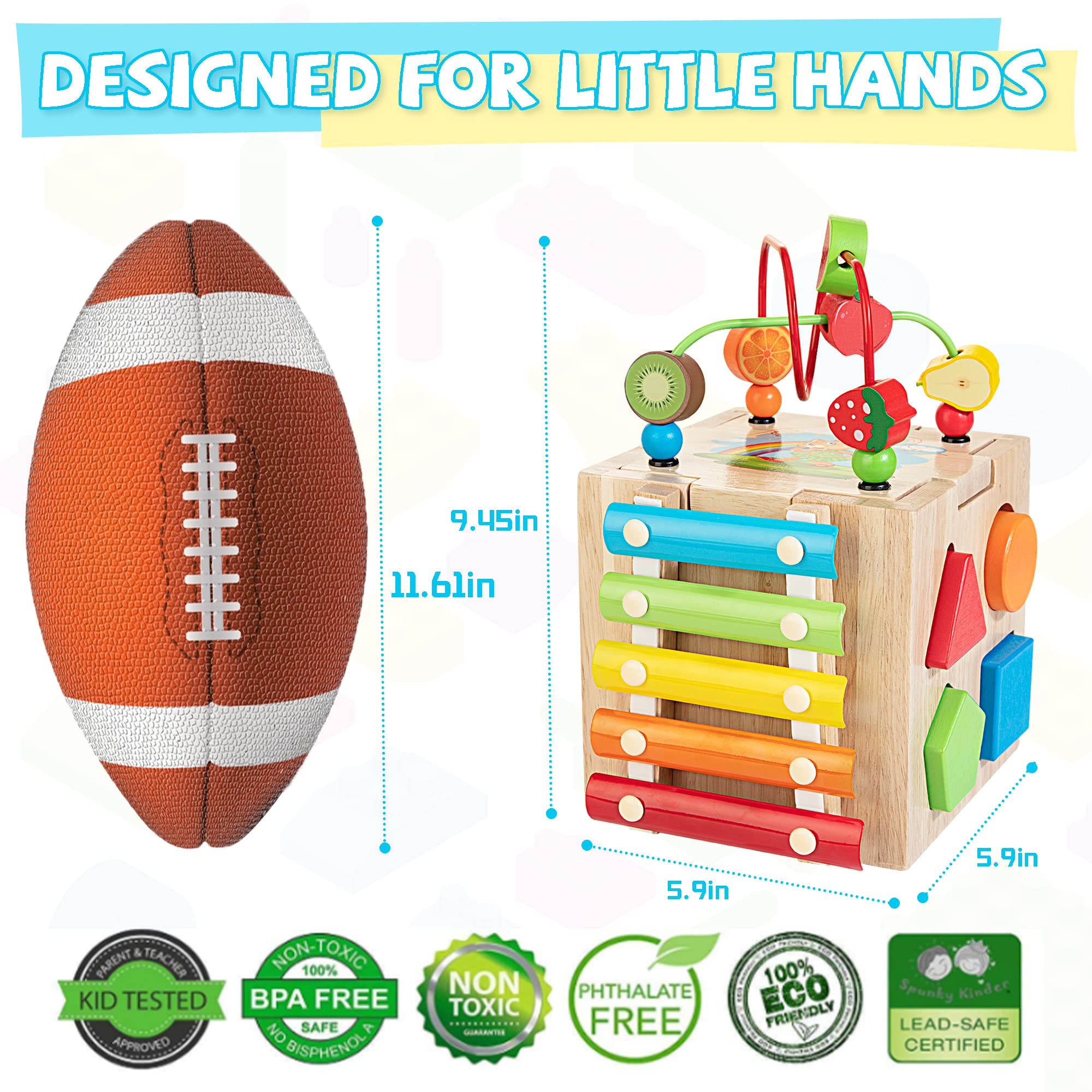 Bravmate Wooden Activity Cube spinning gears sparks problem solving and cause-effect discovery.