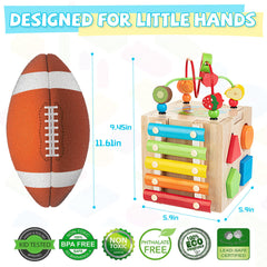 Bravmate Wooden Activity Cube spinning gears sparks problem solving and cause-effect discovery.