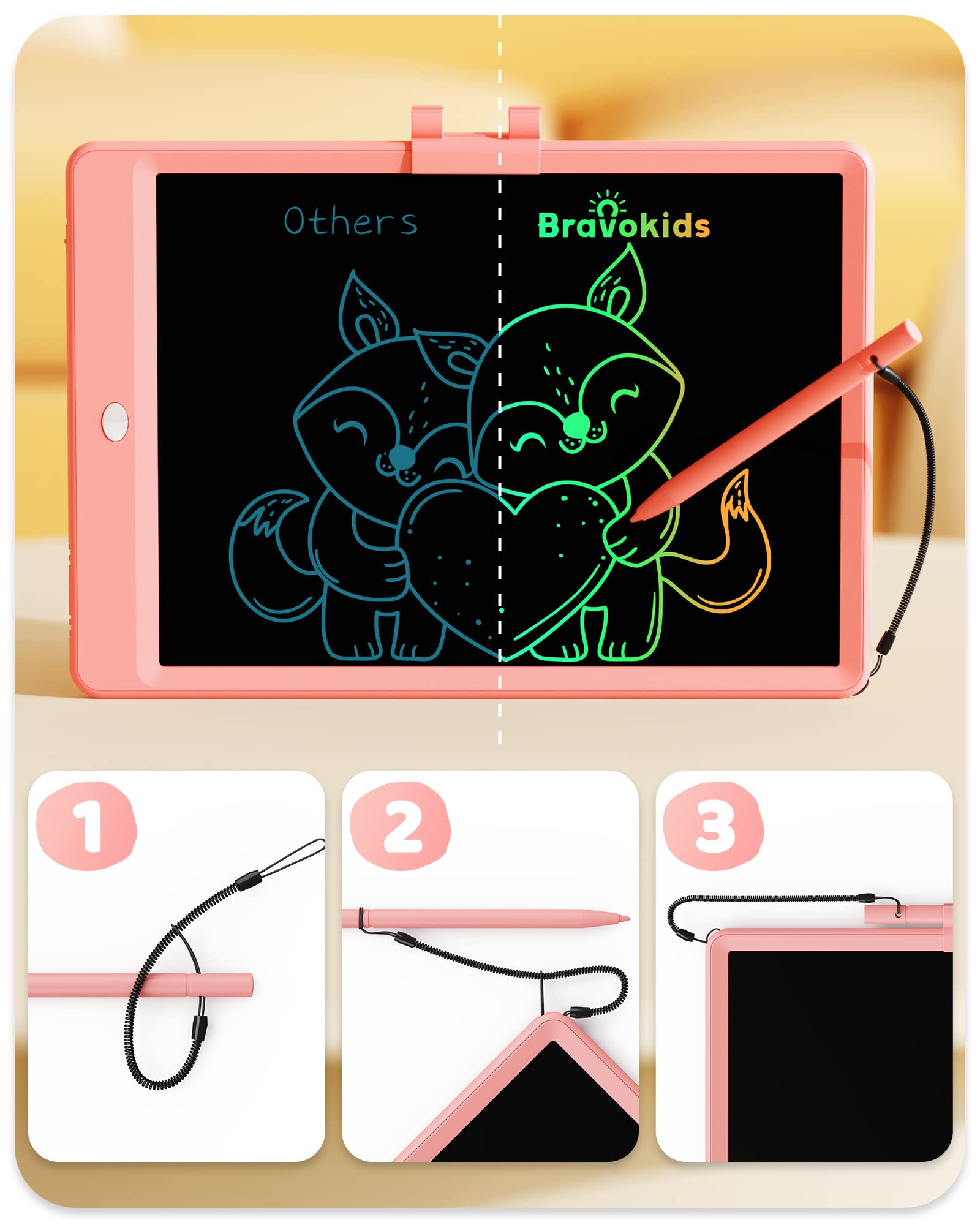 Bravokids 10-inch LCD writing tablet color screen shows vivid doodles for kids.