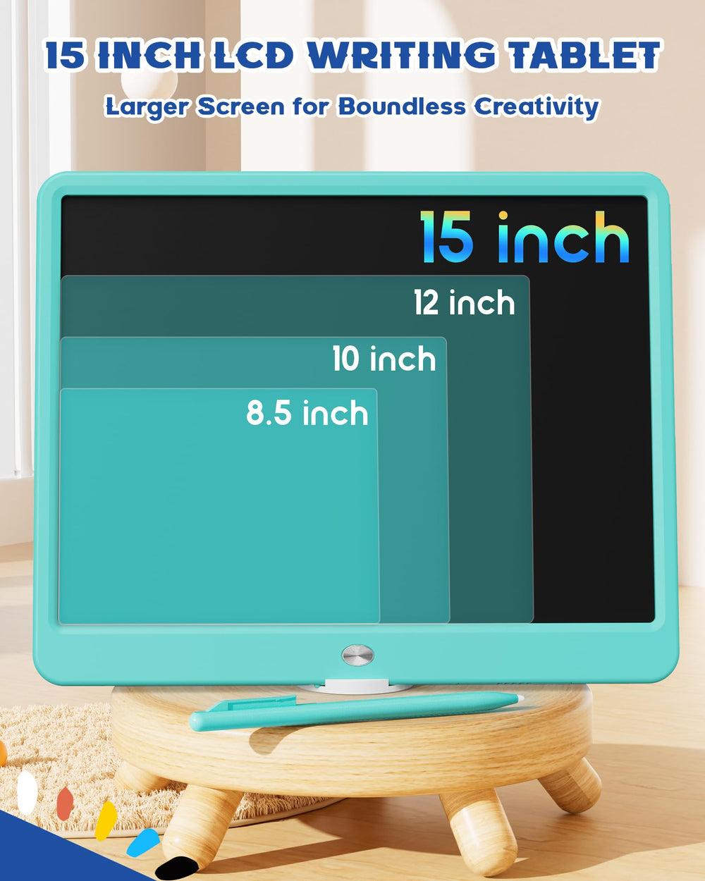 Bravokids 15-inch LCD tablet blue side view showing slim portable design.