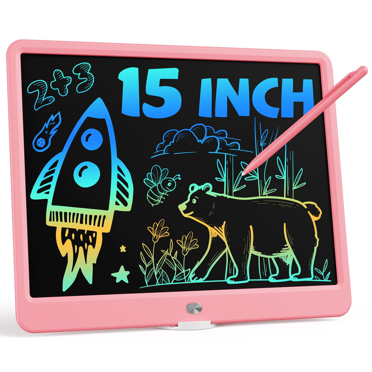 Bravokids 15-inch pink LCD tablet for kids, ideal for drawing and learning.