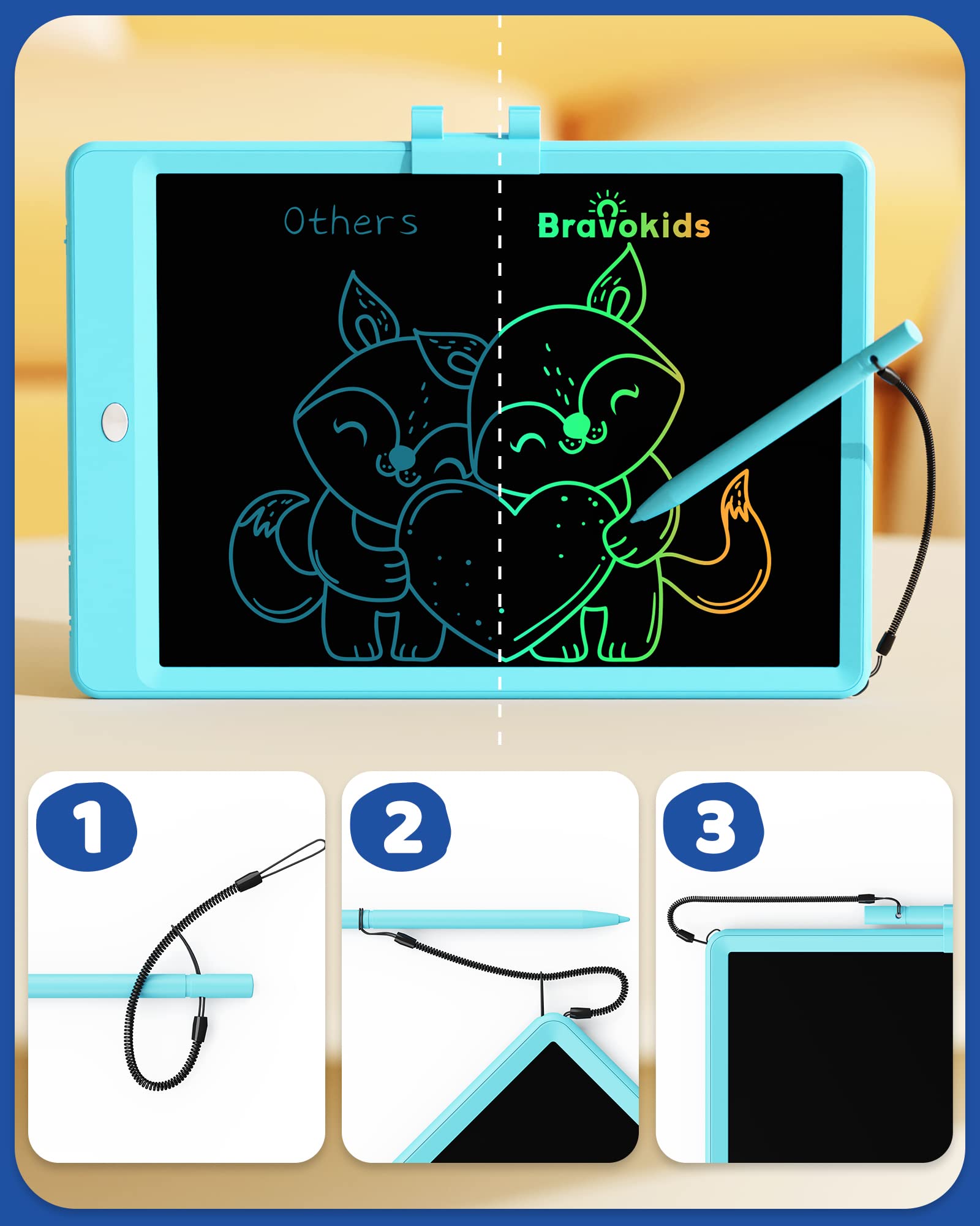 Bravokids 10-inch blue doodle board side view highlighting slim profile for travel.