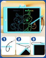 Bravokids 10-inch blue doodle board side view highlighting slim profile for travel.