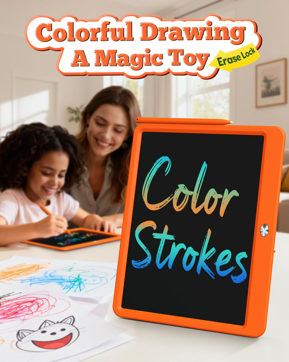 Bravokids Doodle Pad 12in Orange kid hands drawing with colorful markers.