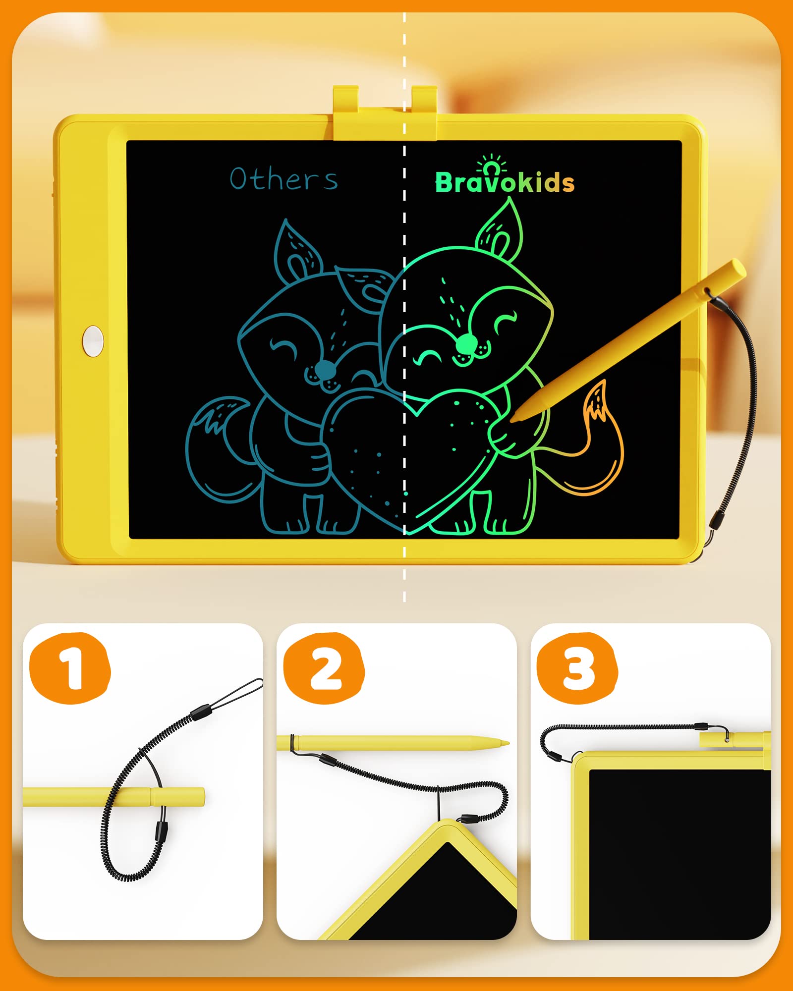 Bravokids erase button clears the screen quickly after drawing.