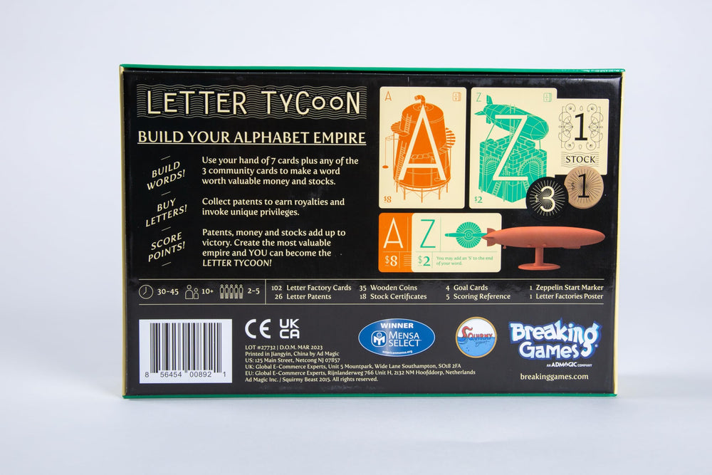 Breaking Games Letter Tycoon holiday gift-ready packaging for vibrant game nights