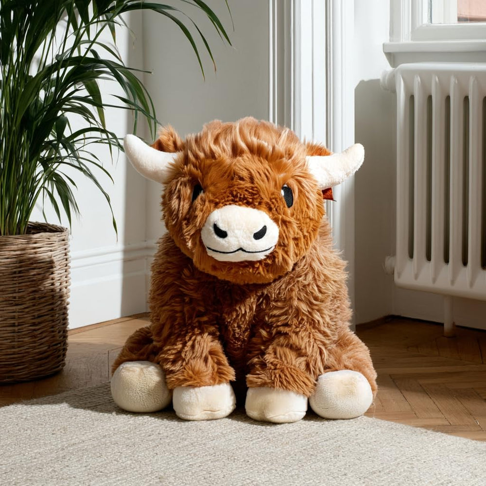 Brease weighted Highland Cow plush; hug-ready for calming moments and cozy evenings.