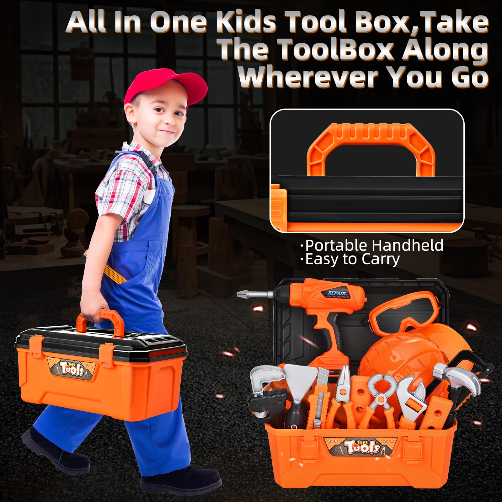 Breibowski Safety gear with adjustable hard hat and goggles protects young builders.