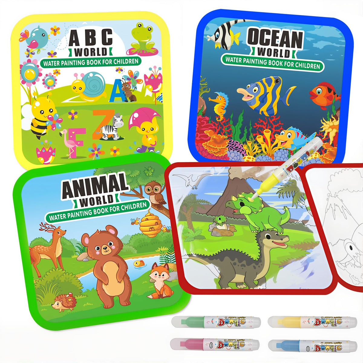 Bresdim Water Painting Book ABC Theme reveals bright colors with water for mess-free play.