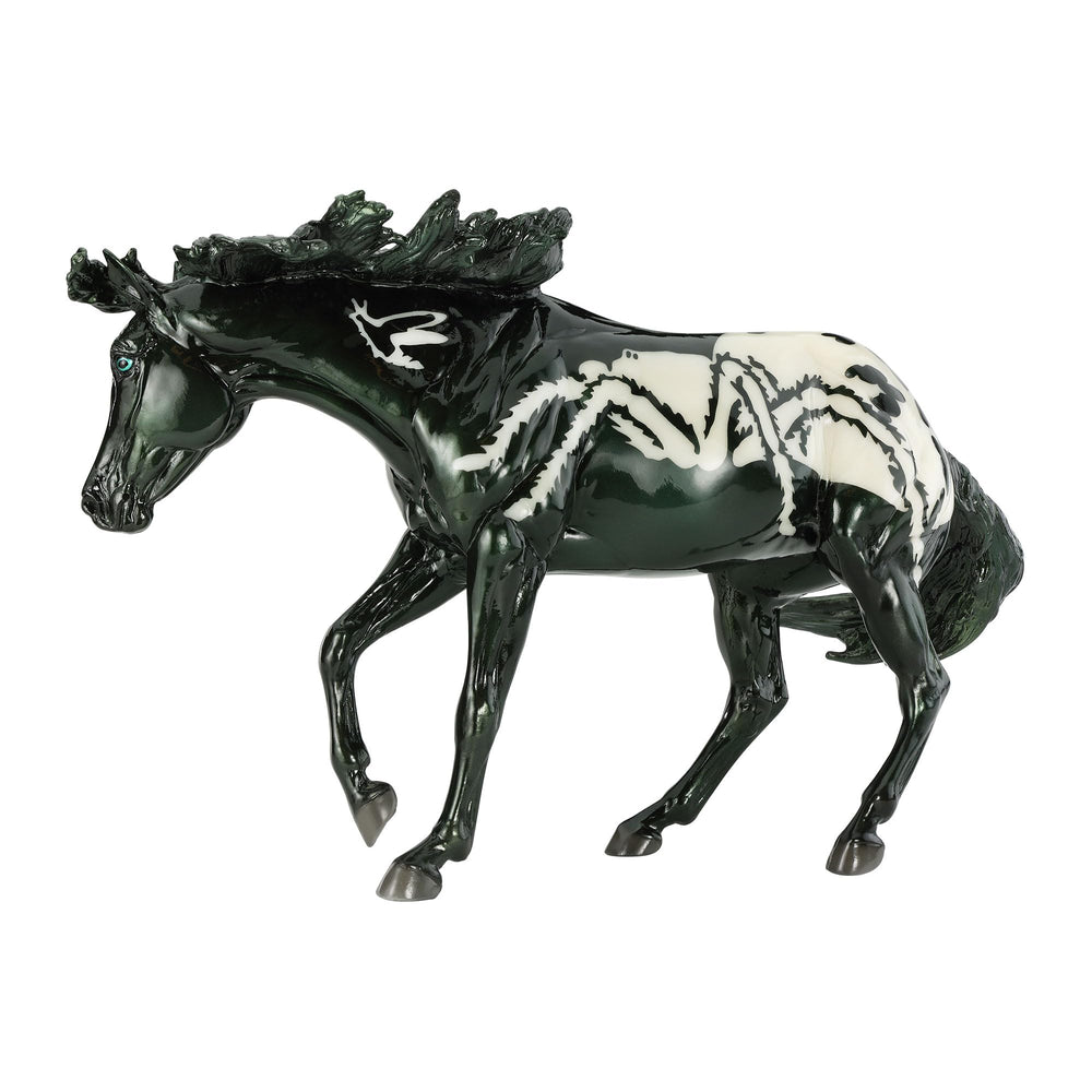 Breyer Arachne metallic green coat shines under lights