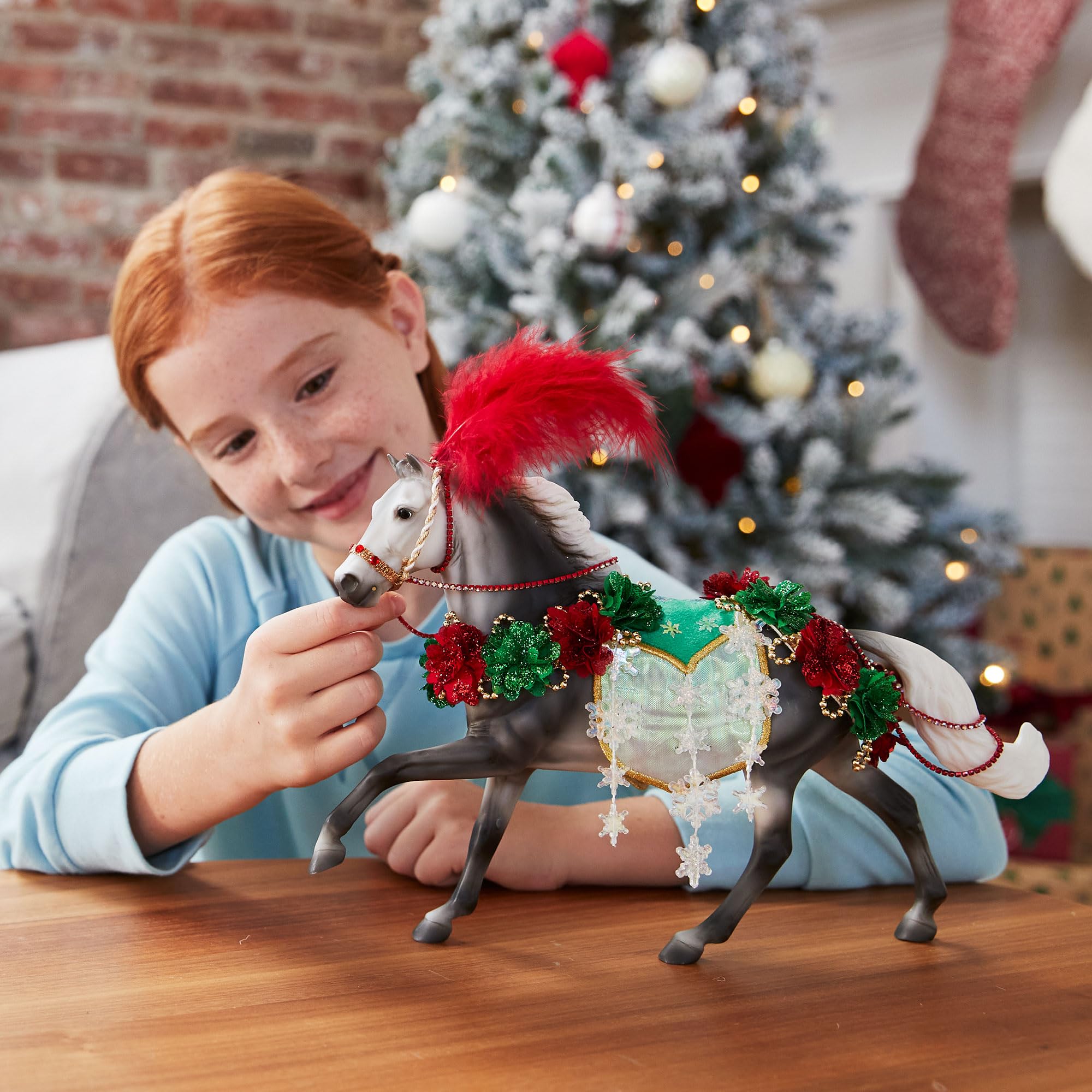 Breyer Christmas in Bloom horse rose accents, ideal centerpiece for holiday display.