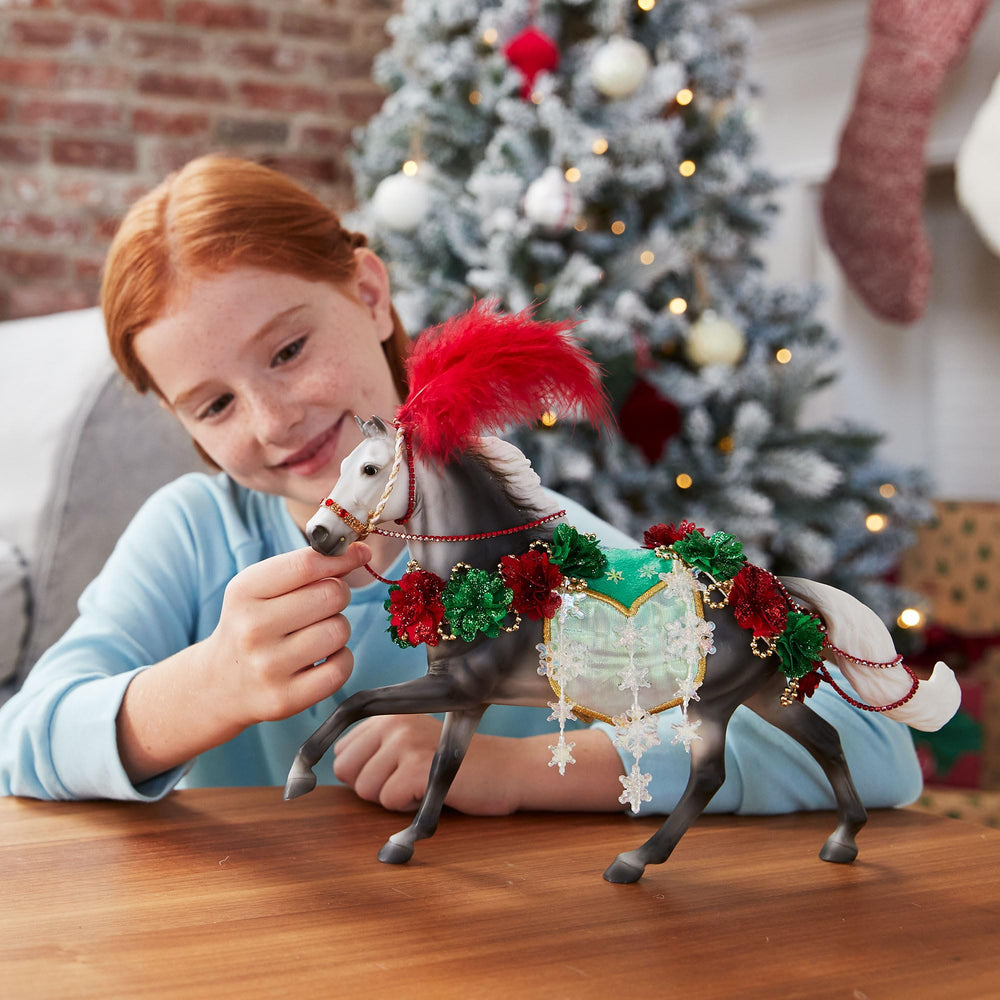 Breyer Christmas in Bloom horse rose accents, ideal centerpiece for holiday display.