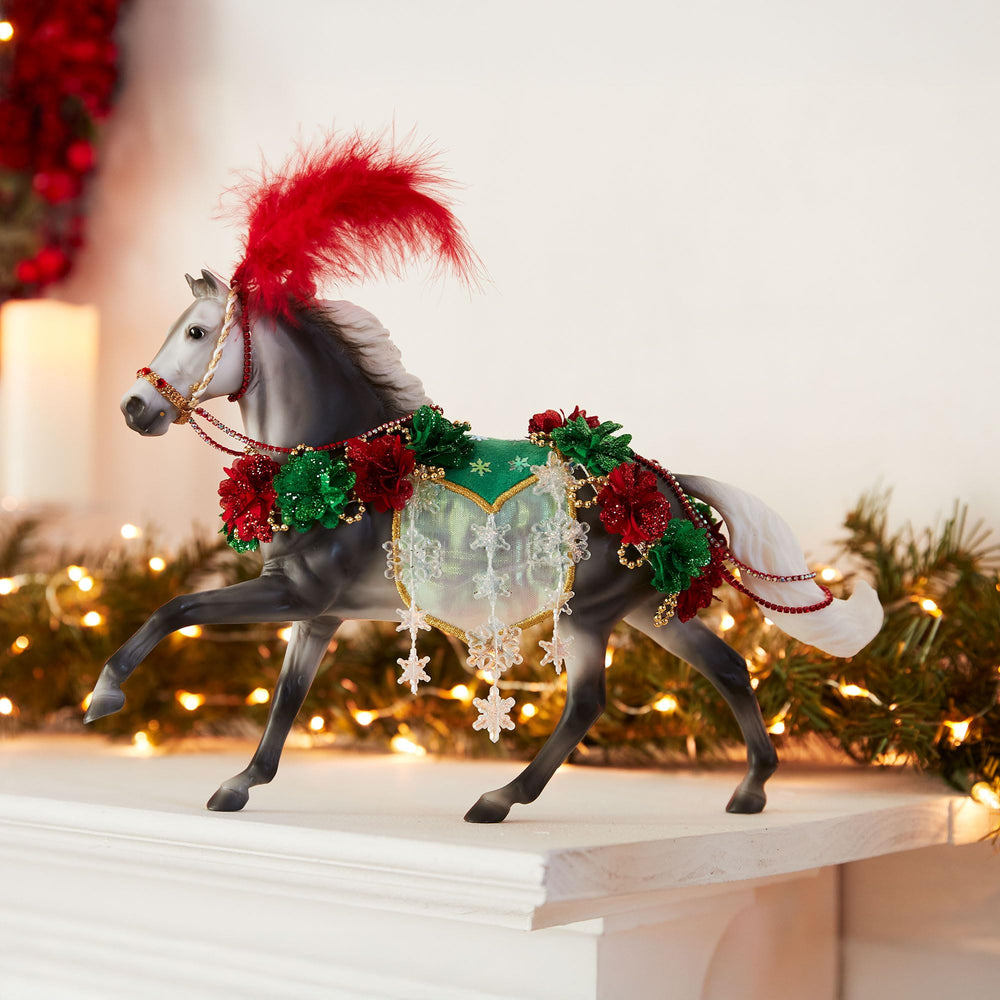 Breyer Christmas in Bloom horse snowflake saddle blanket close-up highlights intricate artistry.