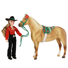Breyer holiday trail ride pony with twinkling lights for festive display.