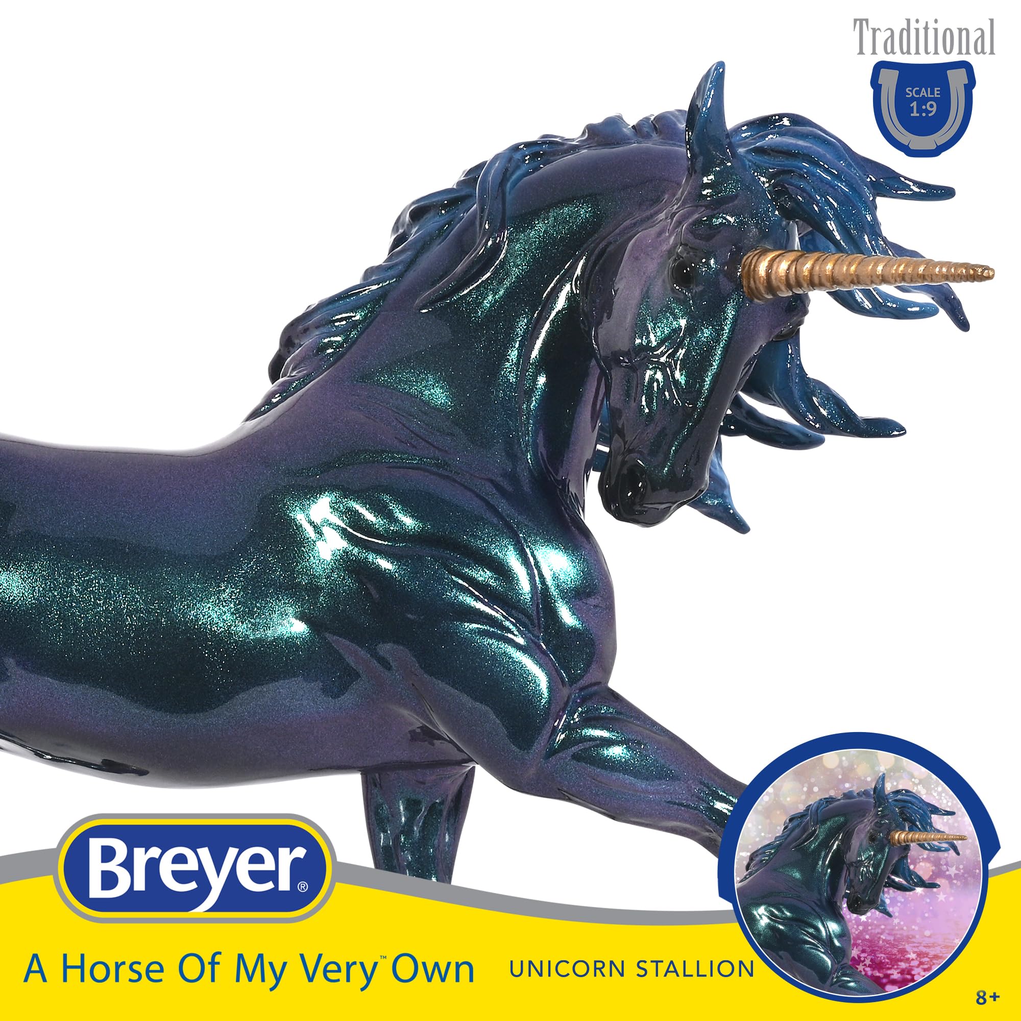 Breyer Neptune Unicorn Stallion side profile showcases camouflaged coat with moonlit tones