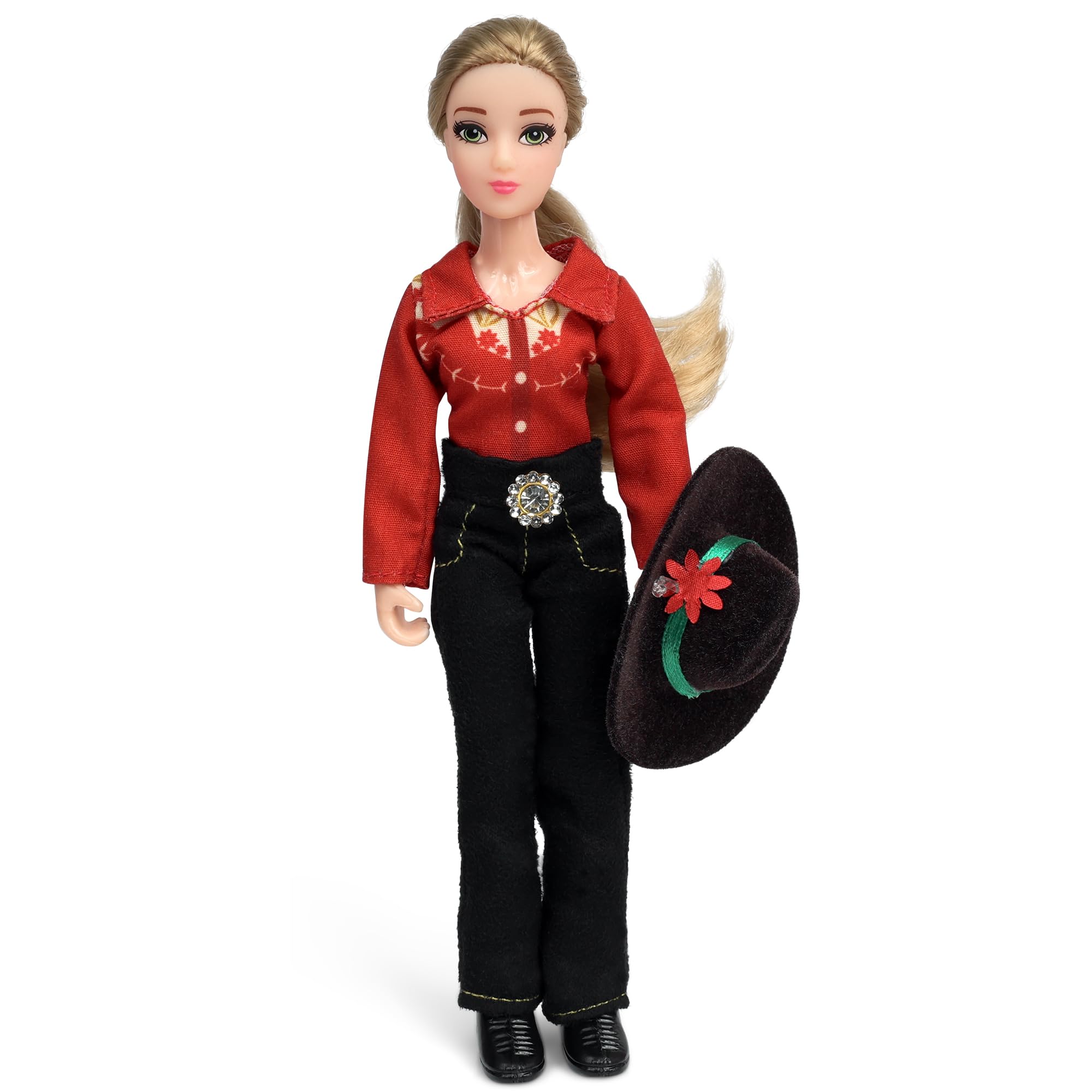 Breyer poinsettia flowers on hat and bridle highlight holiday charm.