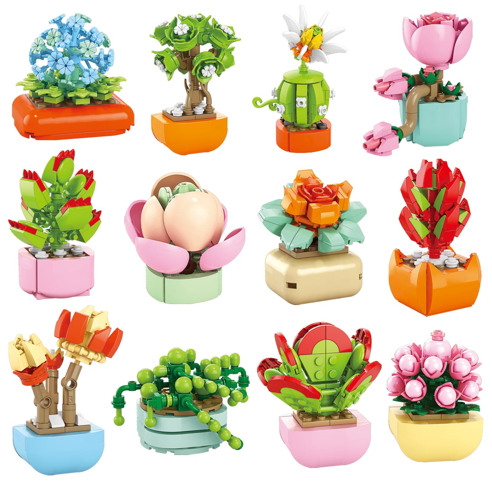 BRICHBROW 12-pack flowers and succulents pieces for creative building play.