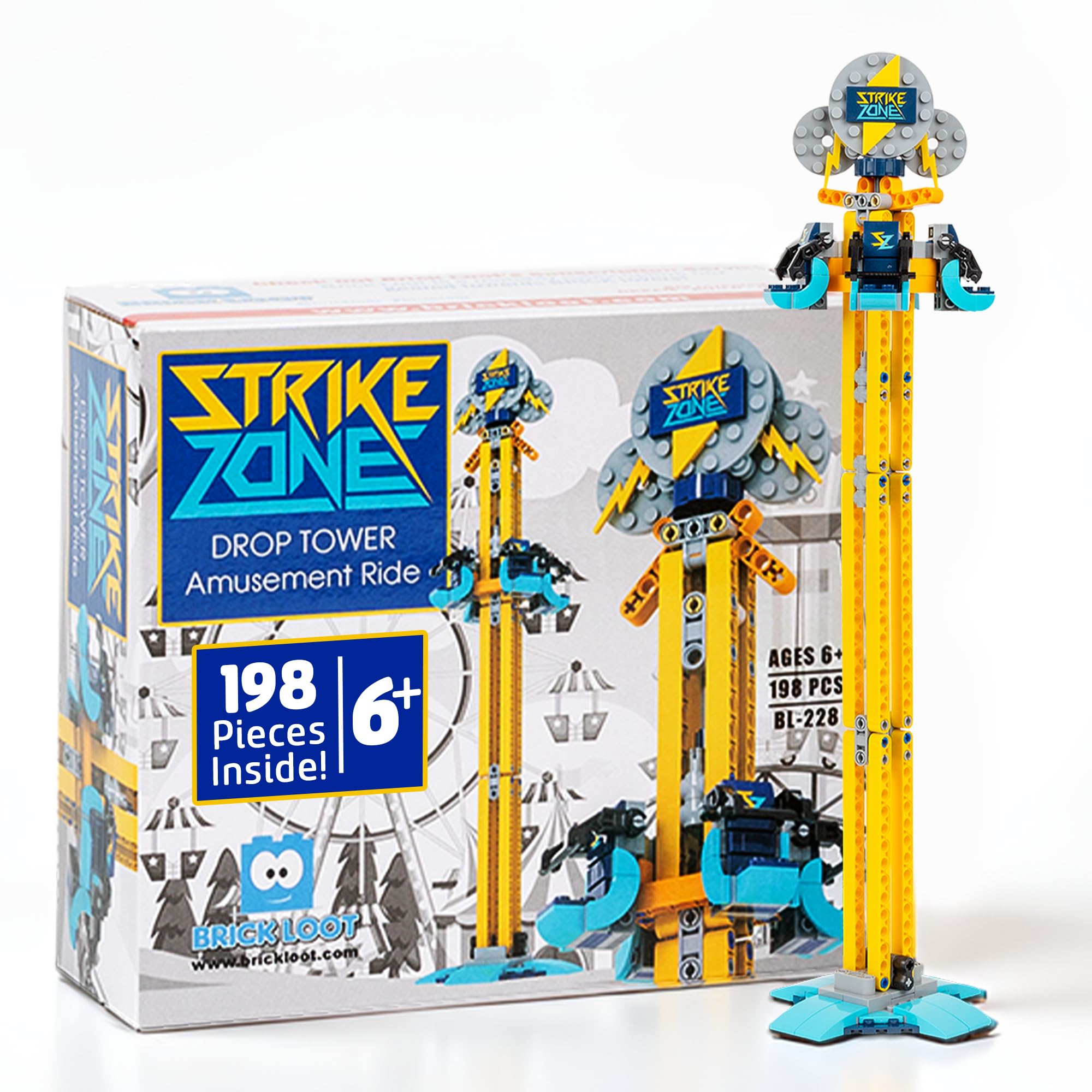 Brick Loot Strike Zone Drop Tower front view with vivid, durable bricks.