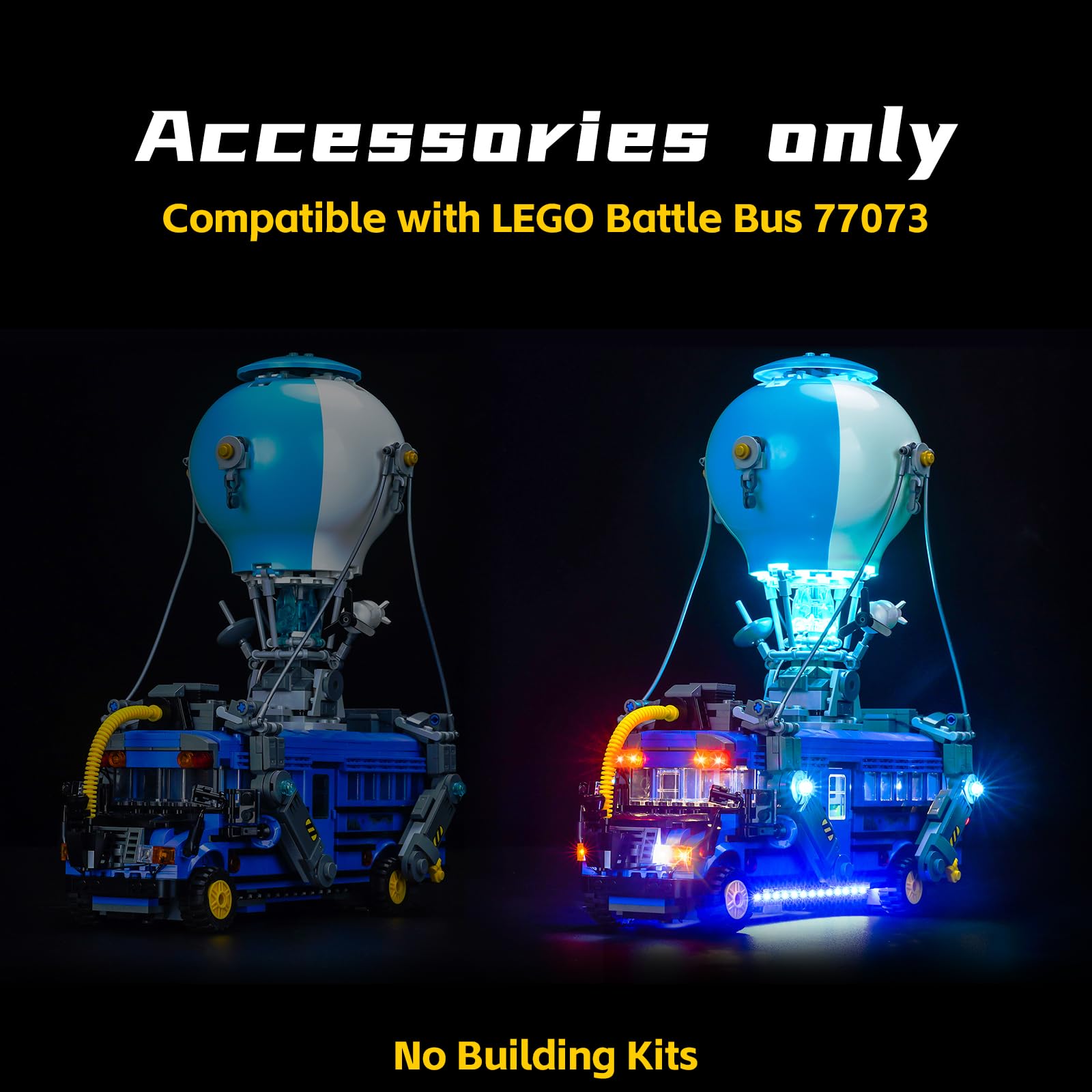 A BrickBling-lit Battle Bus lights up a static model for striking display.