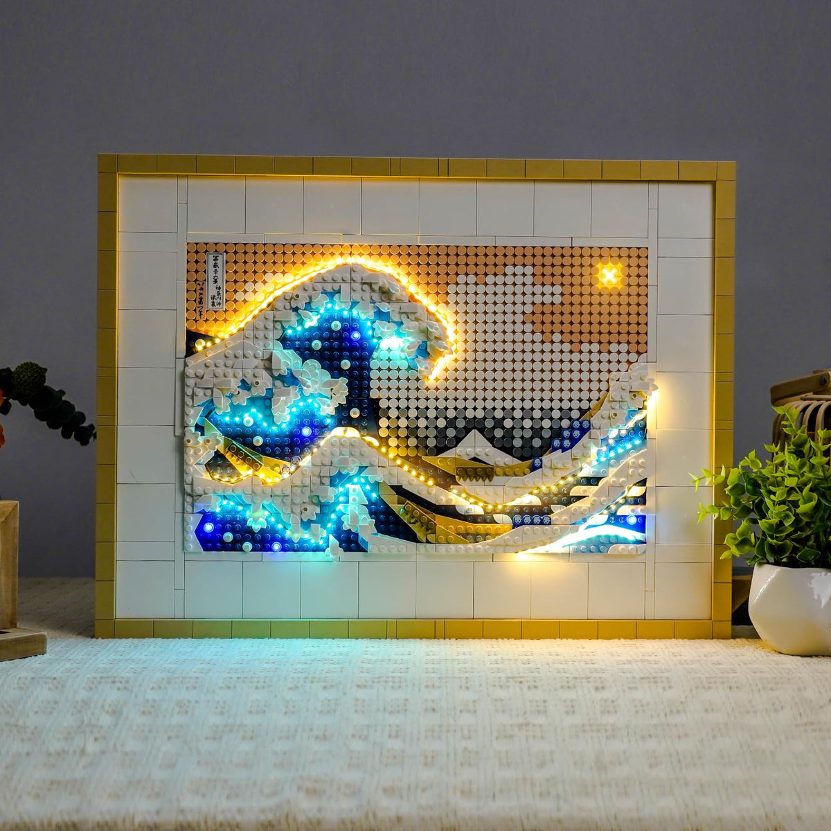 BrickBling Great Wave LED frame illuminated for eye-catching home display.
