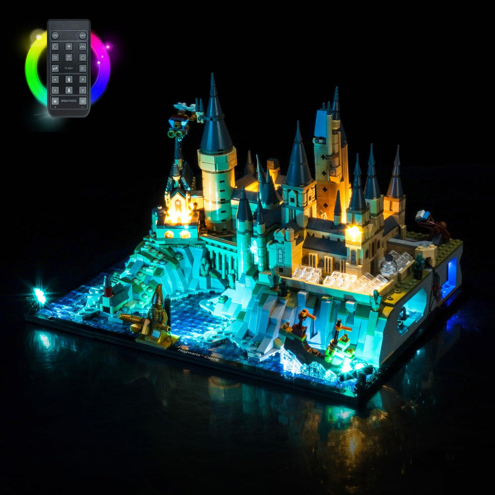 BrickBling LED light kit enhances Castle and Grounds front view for an impressive display.