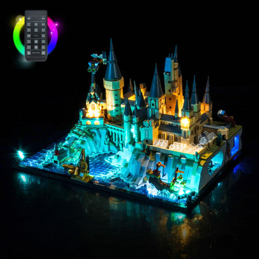 BrickBling LED light kit enhances Castle and Grounds front view for an impressive display.