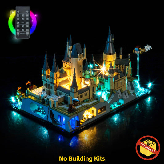 BrickBling LED light kit highlights castle towers for a vibrant night-time display.