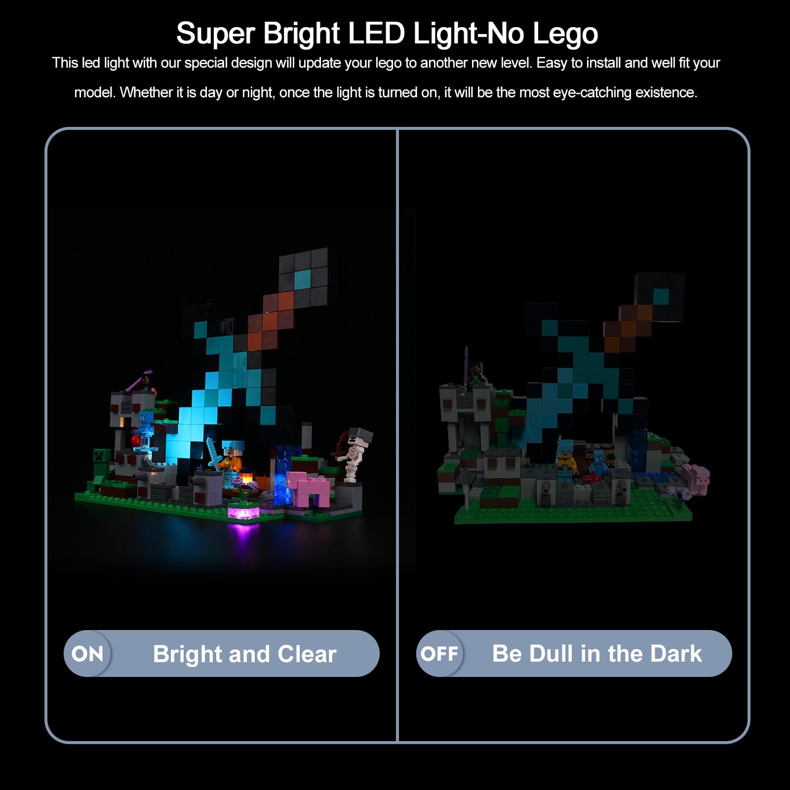 Lit BrickBling LED light enhances a desk or shelf display.