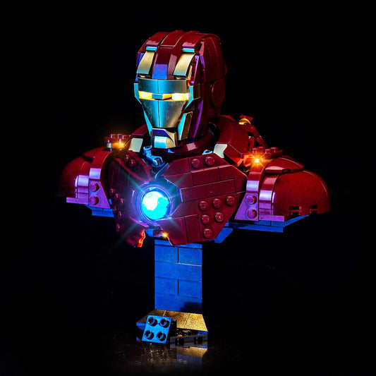 BrickBling LED light for Iron Man MK4 Bust interior glow enhances display.