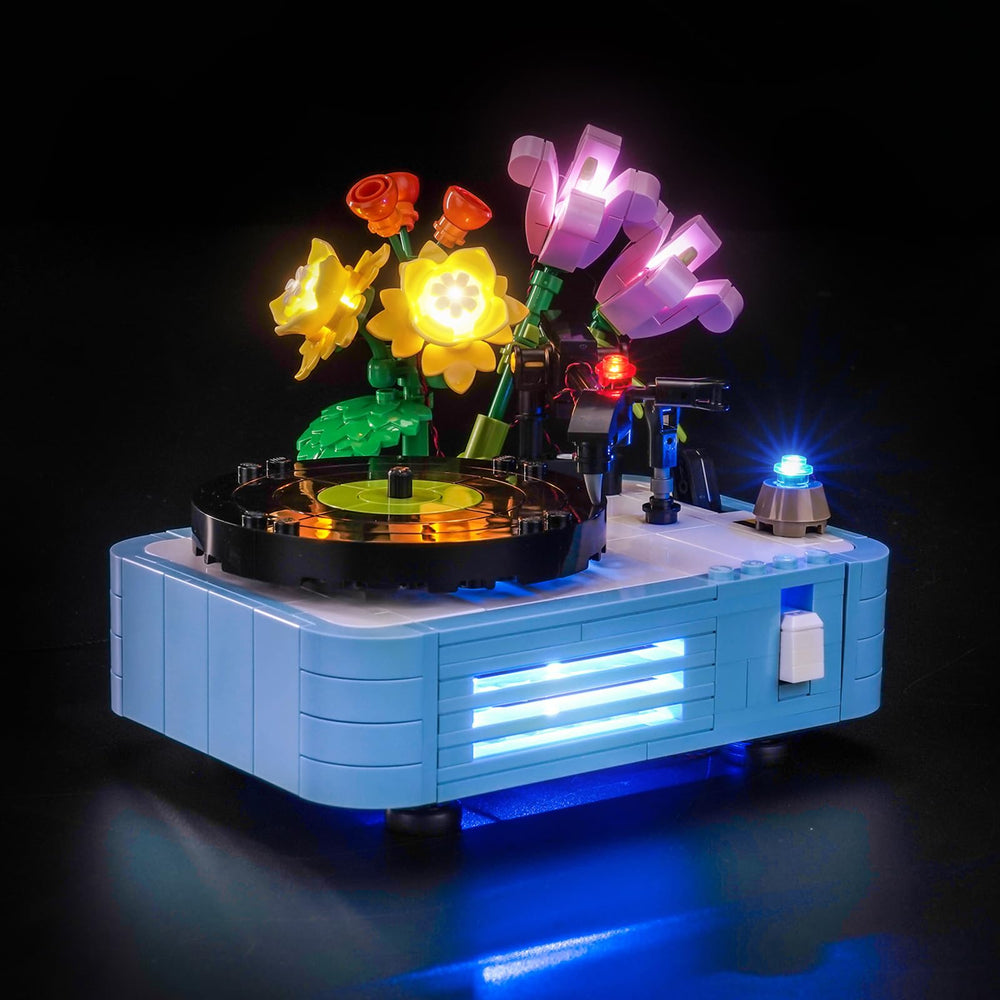 BrickBling LED light kit on Record Player with Flowers enhances display with subtle illumination.