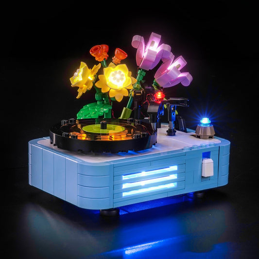 BrickBling LED light kit on Record Player with Flowers enhances display with subtle illumination.