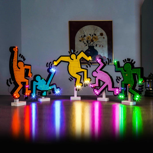BrickBling LED lights on Lego Keith Haring dancing figures front view for brighter display.