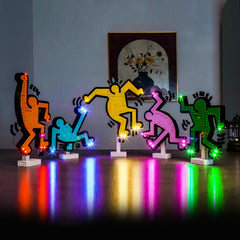 BrickBling LED lights on Lego Keith Haring dancing figures front view for brighter display.