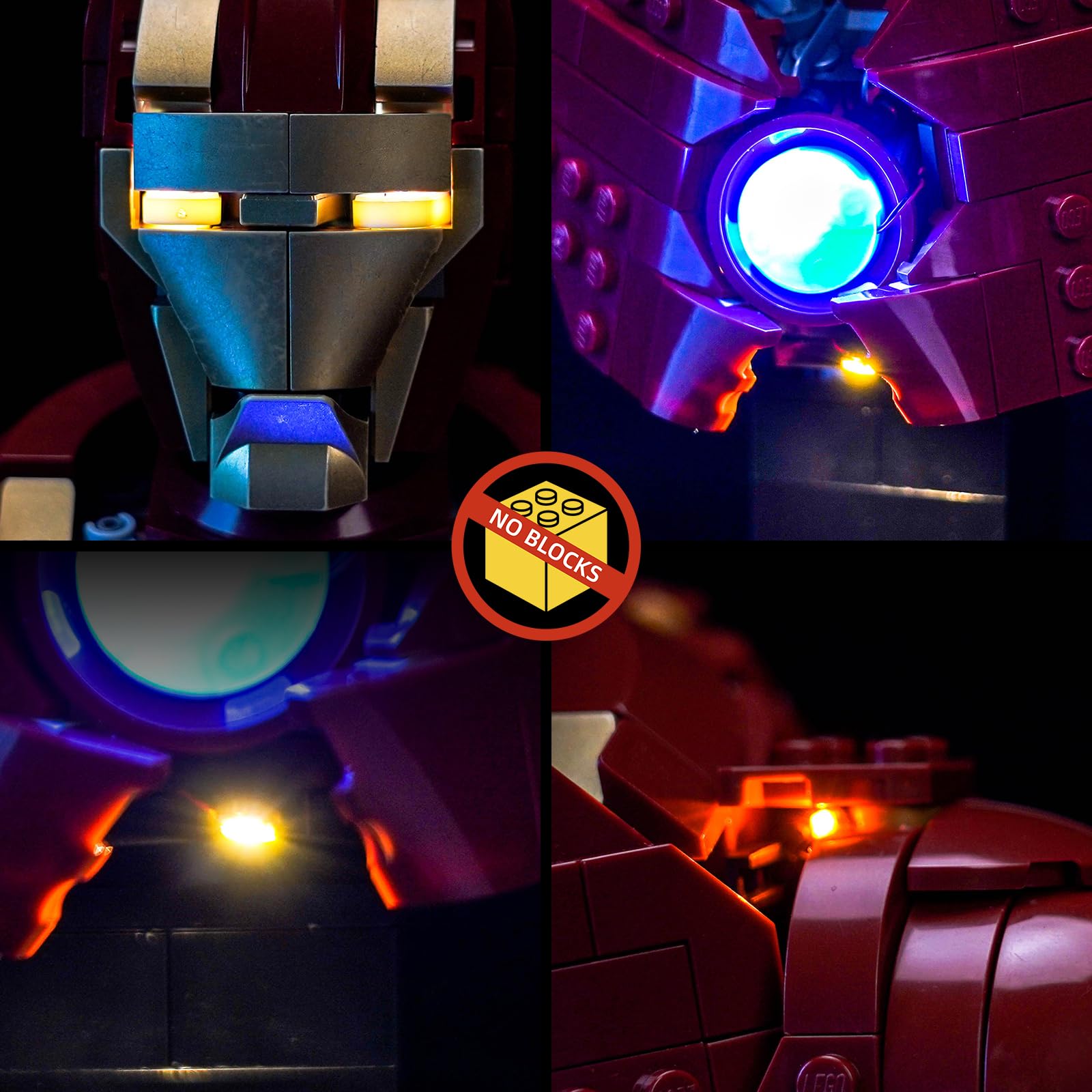 BrickBling lit Iron Man MK4 Bust enhances display on shelf.