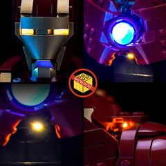 BrickBling lit Iron Man MK4 Bust enhances display on shelf.