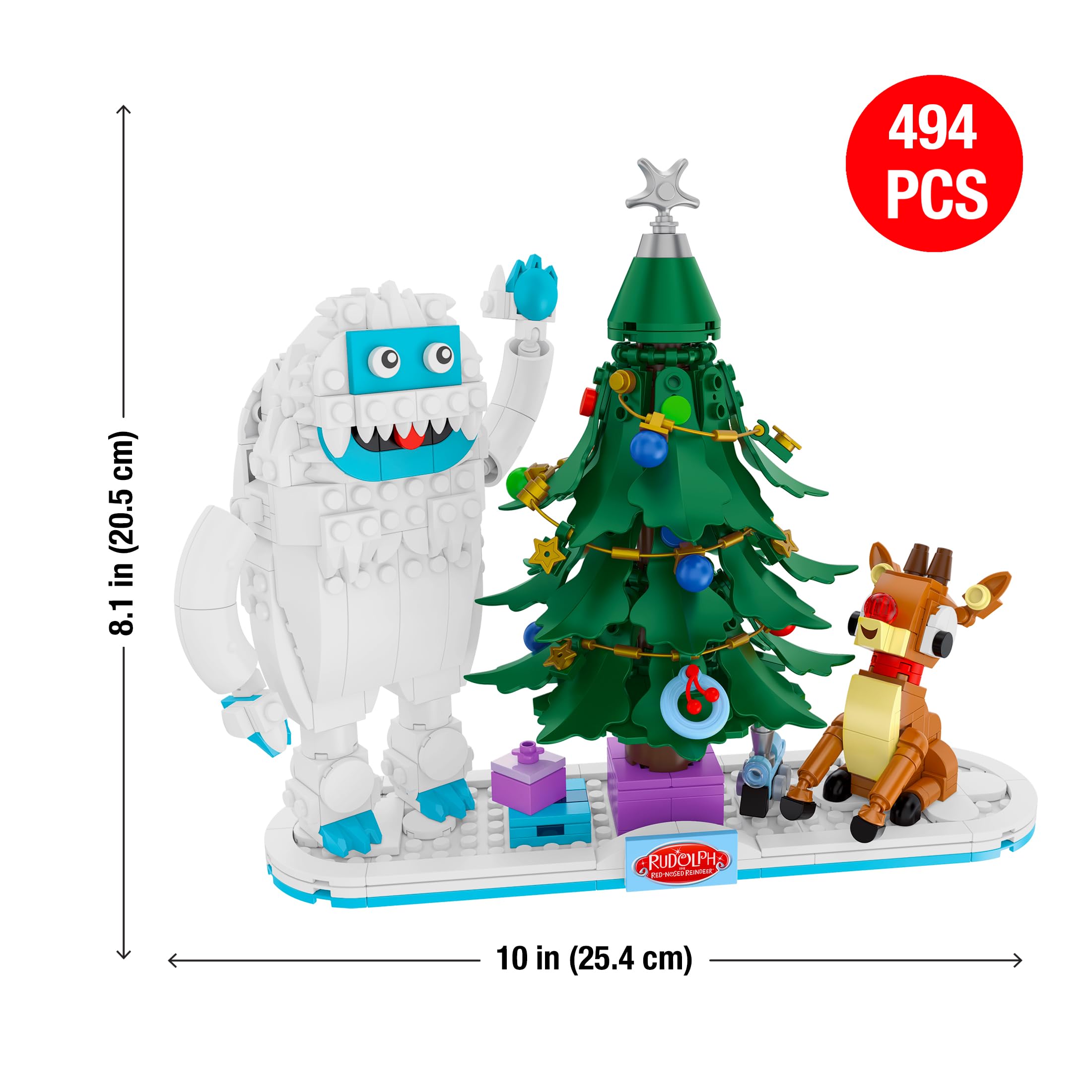 Brickcraft decorated Christmas tree detail with ornaments and gifts.