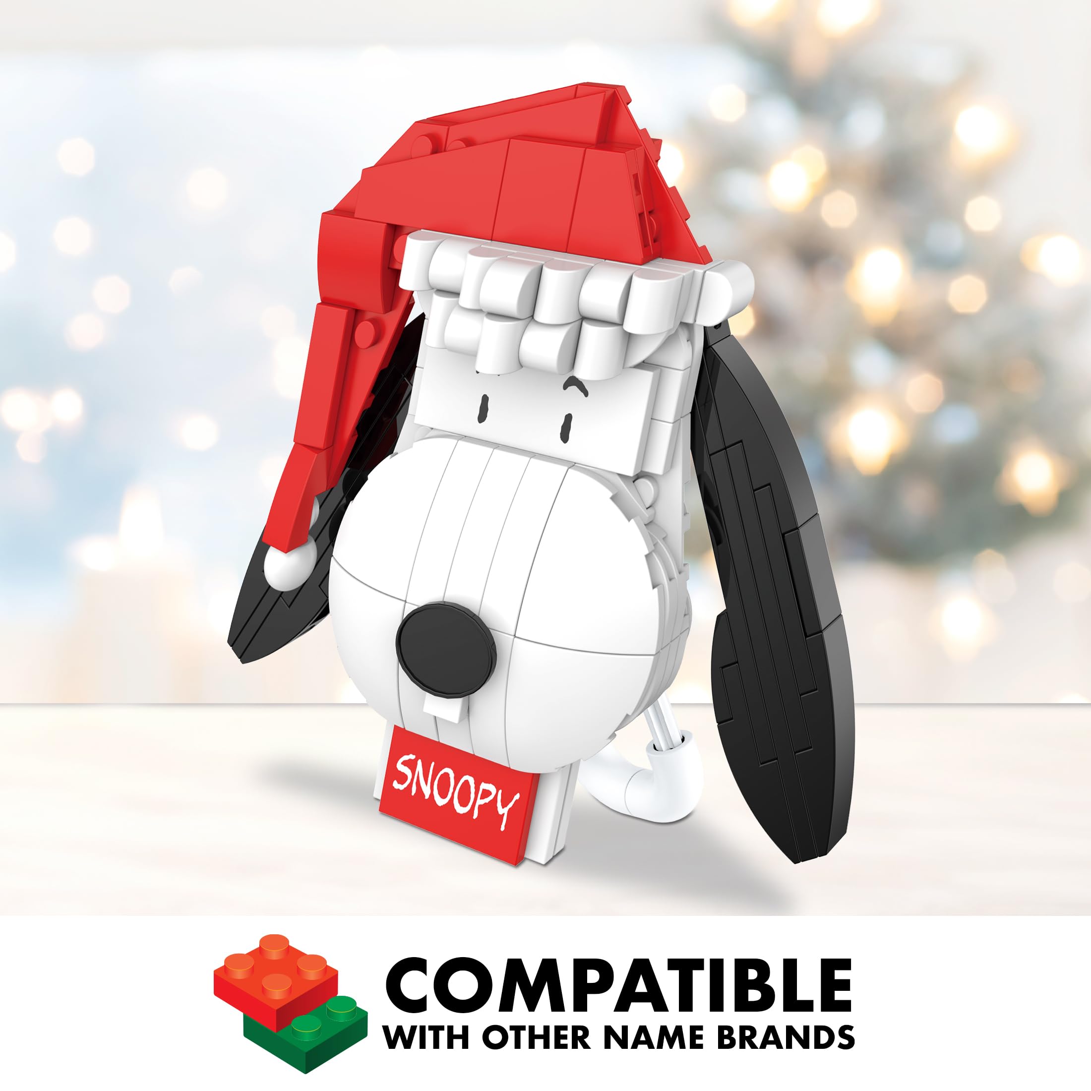 Brickcraft Snoopy on sturdy display stand brightens mantel and shelves.