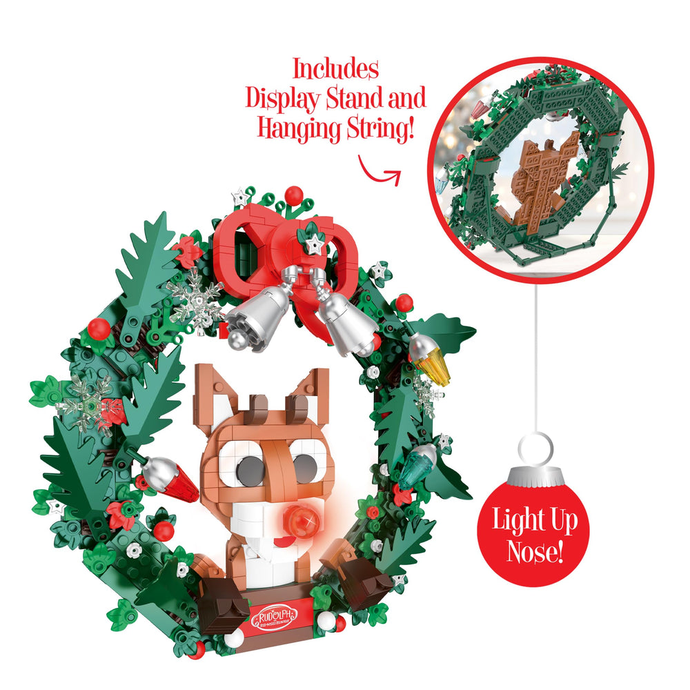 Brickcraft Rudolph bricks detail authentic holiday character as a collectible wreath.