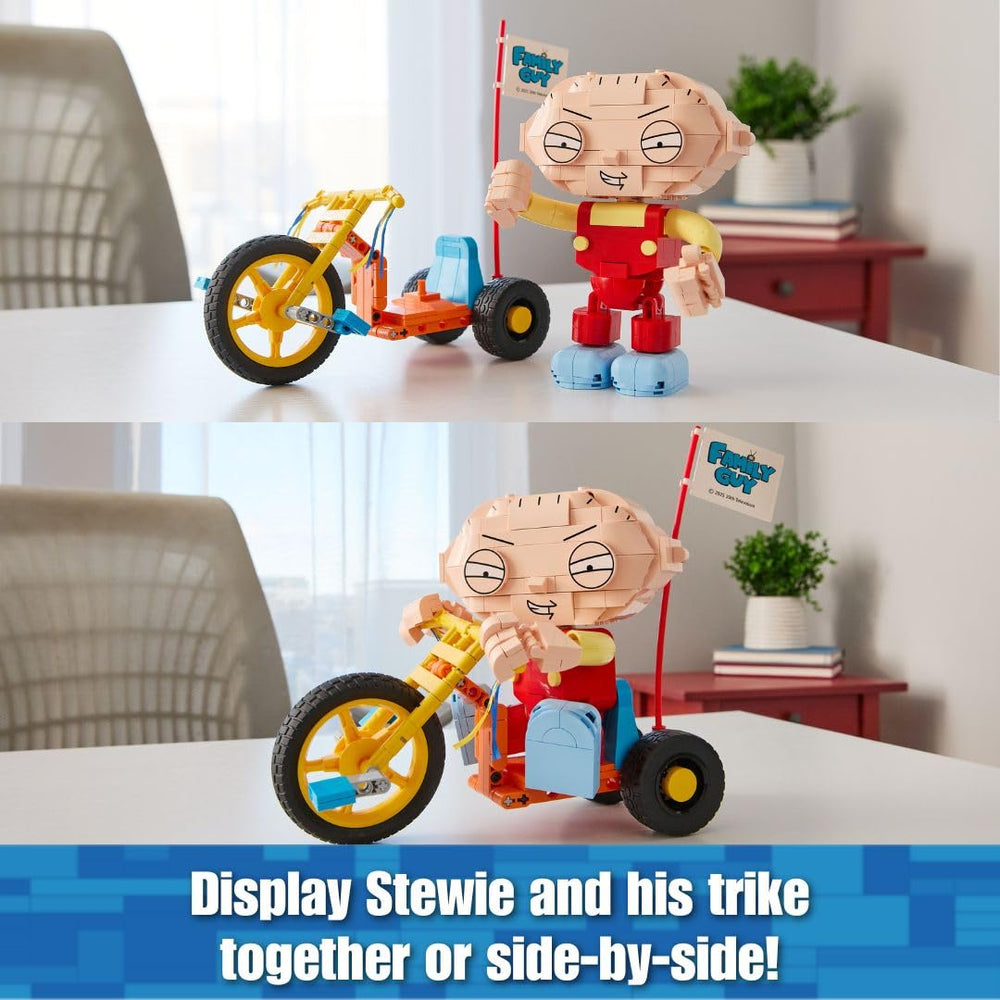 Brickcraft Stewie on Trike posable arms and legs for dynamic posing.