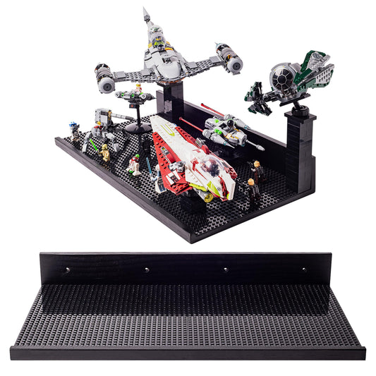Brickmaster Displays XL floating shelf showing large LEGO builds on a wall