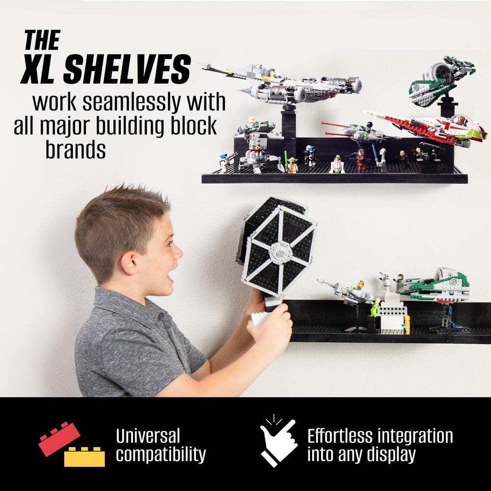 Brickmaster Displays two-pack black shelves arranged for coordinated displays