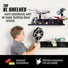 Brickmaster Displays two-pack black shelves arranged for coordinated displays