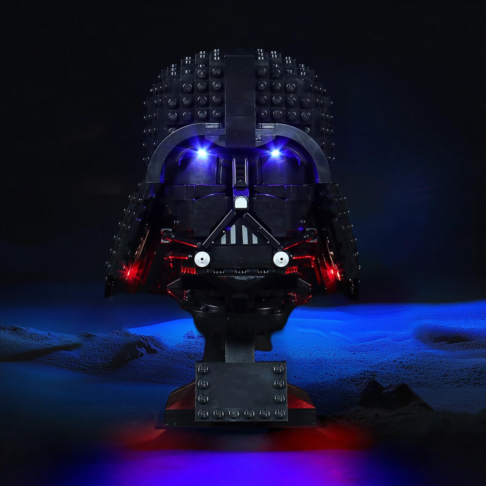BRICKSHINING Darth Vader helmet LED kit on display with safe 5V lighting.