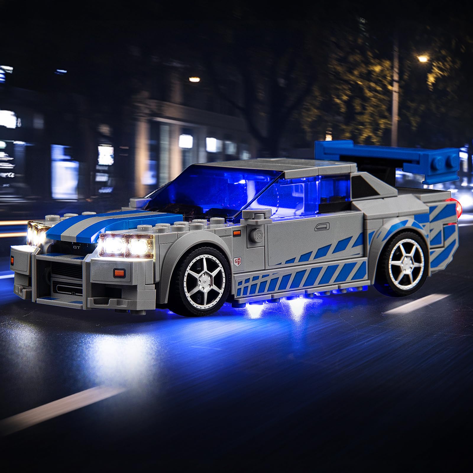 Brickshining LED kit for LEGO 76917 Nissan Skyline GT-R front view with bright glow