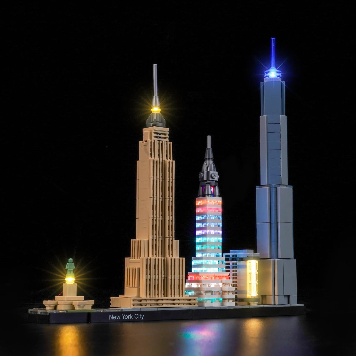 Brickshining LED lighting for NYC skyline 21028 illuminates your Lego display with vibrant realism.