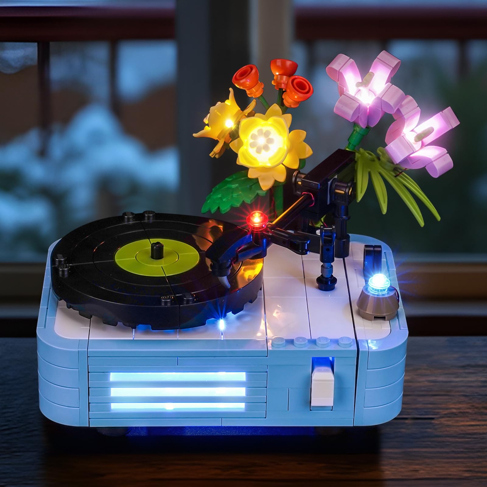 Brickshining LED lighting for Record Player with Flowers 31172 enhances display and mood.